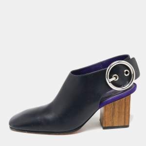 Pre Owned Celine Navy Blue Leather Square Toe Slingback Pumps Size 37