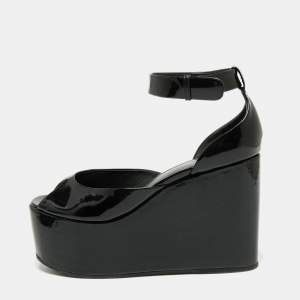 Pre Owned Celine Black Patent Leather Wedge Platform Ankle Strap Sandals Size 38