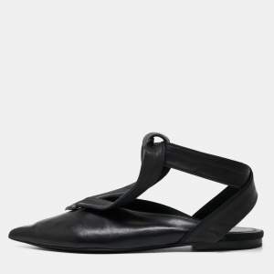 Celine Black Leather V Neck Ankle Tie Flat Mules Size 36