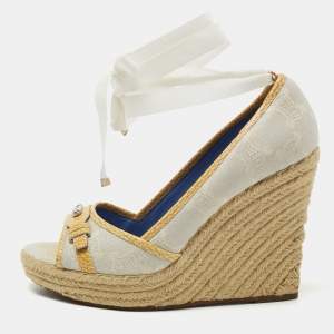 Celine Light Grey Fabric Espadrille Wedge Ankle Tie Sandals Size 39