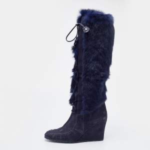 Pre Owned Celine Blue Fur and Suede Knee Length Boots Size 38