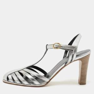 Celine Silver Leather Ankle Strap Pumps Size 36