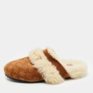 Celine Brown Printed Suede and Shearling Fur Triomphe Flat Mules Size 39.5