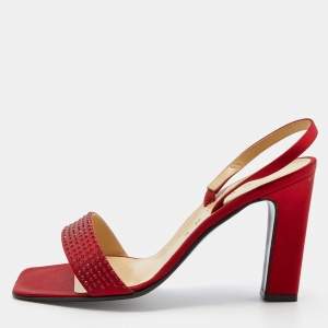 Celine Red Satin Crystal Embellished Slingback Sandals Size 37