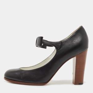 Pre Owned Celine Black Leather Bow Detail Mary Jane Block Heel Pumps Size 40.5