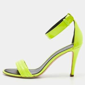 Pre Owned Celine Neon Yellow Patent Leather Ankle Strap Sandals Size 39