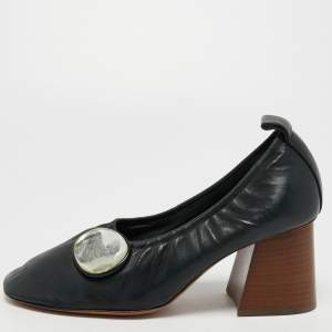 Pre Owned Celine Dark Green Leather Scrunch Ballerina Block Heel Pumps Size 37.5