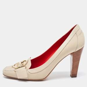 Pre Owned Celine Cream Leather Logo Detail Loafer Pumps Size 39.5