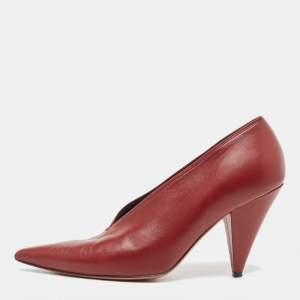 Pre Owned Celine Burgundy Leather V Neck Pointed Toe Pumps Size 37