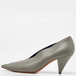Pre Owned Celine Grey Leather V Neck Pointed Toe Pumps Size 38.5