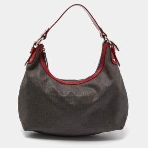 Cerruti Dark Brown/Red Monogram Coated Canvas and Leather Hobo