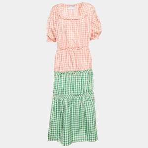 Pre Owned CF. Goldman Pink/Green Checkered Silk Tiered Midi Dress S