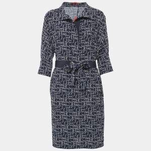 Pre Owned CH Carolina Herrera Blue Printed Crepe Belted Midi Dress M