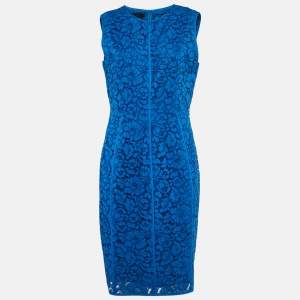CH Carolina Herrera Blue Floral Pattern Lace Sheath Dress L