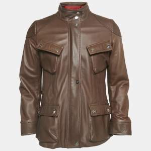 CH Carolina Herrera Brown Leather Logo Patch Detail Biker Jacket L