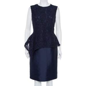 Pre Owned CH Carolina Herrera Navy Blue Lace Sleeveless Peplum Dress M