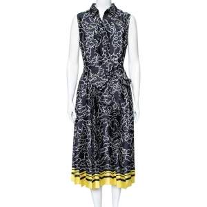 Pre Owned CH Carolina Herrera Navy Blue Logo Printed Pleated Sateen Sleeveless Belted Midi Dress L