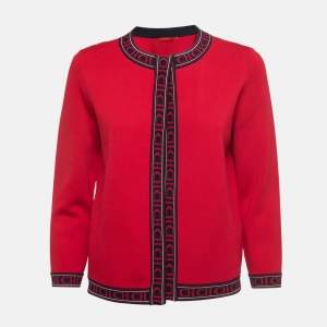 Pre Owned CH Carolina Herrera Red Knit Logo Tape Detailed Open Front Cardigan M