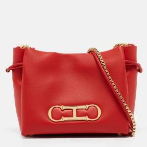 Pre Owned CH Carolina Herrera Red Leather Small Initials Insignia Soft Bucket Crossbody Bag