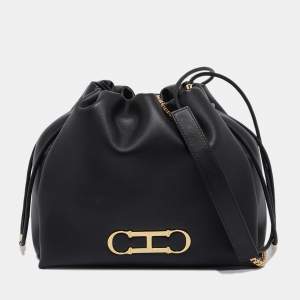 CH Carolina Herrera Black Leather Medium Initials Insignia Soft Bucket Bag 