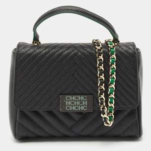 Pre Owned CH Carolina Herrera Black/Green Chevron Leather Flap Top Handle Bag