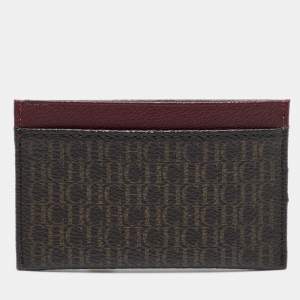 Pre Owned CH Carolina Herrera Brown/Burgundy Monogram Coated Canvas and Leather Card Holder