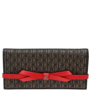Pre Owned CH Carolina Herrera Brown-Red Leather Monogram Continental Wallet