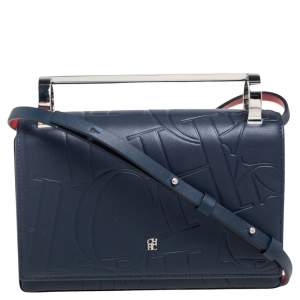 Pre Owned Carolina Herrera Navy Blue/Red Embossed Leather Insignia Flap Top Handle Bag