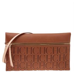 Pre Owned Carolina Herrera Brown Monogram Embossed Leather Crossbody Bag