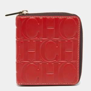Pre Owned CH Carolina Herrera Red Monogram Leather Zip Around Wallet