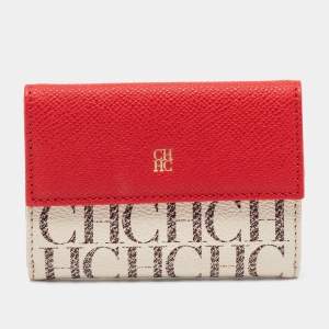 Pre Owned CH Carolina Herrera Red/Off White Monogram Coated Canvas and Leather Flap Compact Wallet