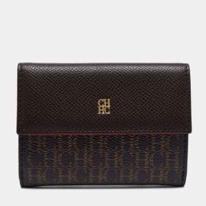 Pre Owned CH Carolina Herrera Brown Monogram Embossed Coated Canvas and Leather French Wallet