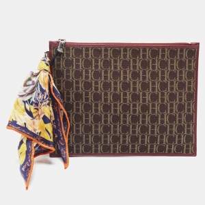 Pre Owned CH Carolina Herrera Burgundy/Brown Monogram Canvas Continental Pouch