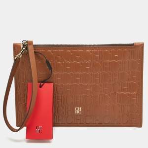 CH Carolina Herrera Brown Monogram Embossed Leather Wrsitlet Clutch