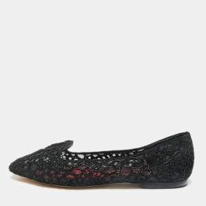 CH Carolina Herrera Black Lace Logo Ballet Flats Size 38