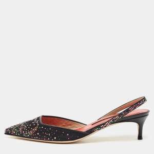 CH Carolina Herrera Black Crystal Embellished Fabric and Leather Slingback Pumps Size 37