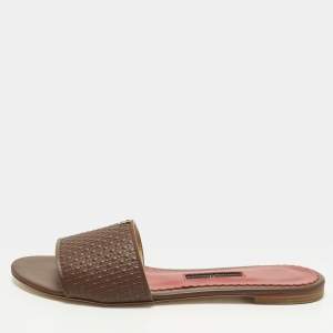 Pre Owned CH Carolina Herrera Size 38 Burgundy Monogram Embossed Leather Flat Slide Sandals