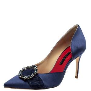 Pre Owned Carolina Herrera Blue Satin Embellished Buckle D'orsay Pumps Size 37