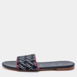 Pre Owned CH Carolina Herrera Navy Blue Monogram Canvas Flat Slides Size 38