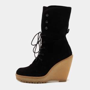 مملوكة مسبقًا CH Carolina Herrera Black Suede Mid Calf Wedge Boots Size 38