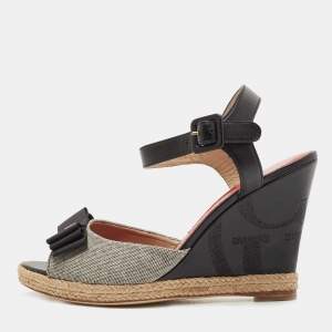 Pre Owned CH Carolina Herrera Black/Grey Leather and Canvas Wedge Ankle Strap Sandals Size 36