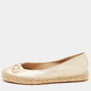 Pre Owned CH Carolina Herrera Gold Leather Logo Buckle Espadrille Flats Size 38