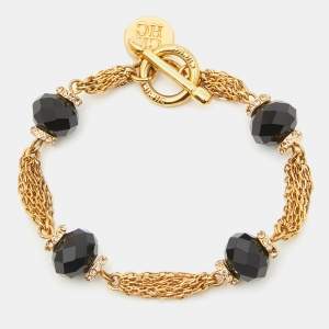 Carolina Herrera Crystals Gold Tone Multi Strand Black Beaded Toggle Bracelet