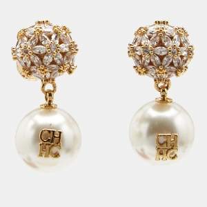 Carolina Herrera CH Crystals Faux Pearl Gold Tone Earrings