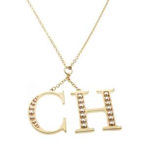 Pre Owned CH Carolina Herrera Faux Pearl Logo Charm Gold Tone Long Pendant Necklace