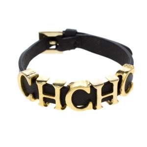 Pre Owned CH Carolina Herrera Brown Leather Gold Tone Logo Charm Bracelet