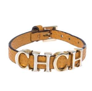 Pre Owned CH Carolina Herrera Yellow Leather Gold Tone Logo Charm Bracelet
