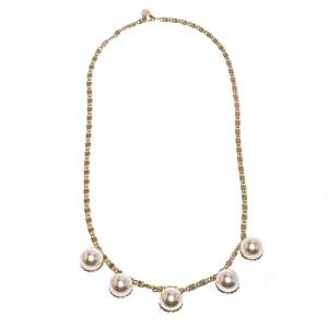 Pre Owned CH Carolina Herrera Faux Pearl Gold Tone Long Chain Link Necklace