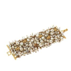 Pre Owned CH Carolina Herrera Crystal Faux Pearl Gold Tone Wide Bracelet 