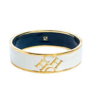 Pre Owned Carolina Herrera CH Logo White Enamel Bangle Bracelet